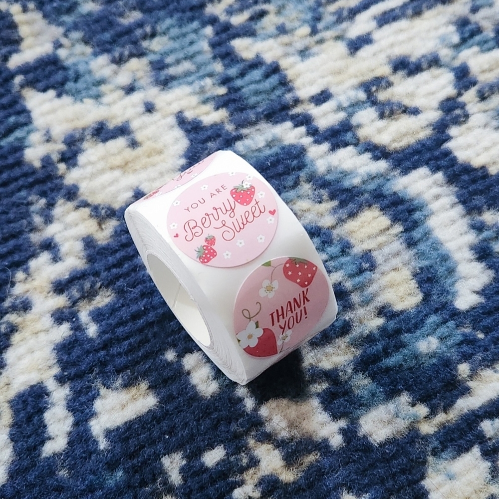 Set of 1,500 Pink & Red Strawberry Themed / Thank You Stickers (Three Rolls)